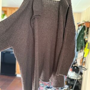 BloomChic Plus/26, Dark Brown Ribbed Cardigan Sweater with collar